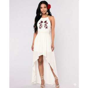 NWT FRANCESCA’S / BLUE RAIN Elina Square Neck Embroidered Maxi/High Low Romper